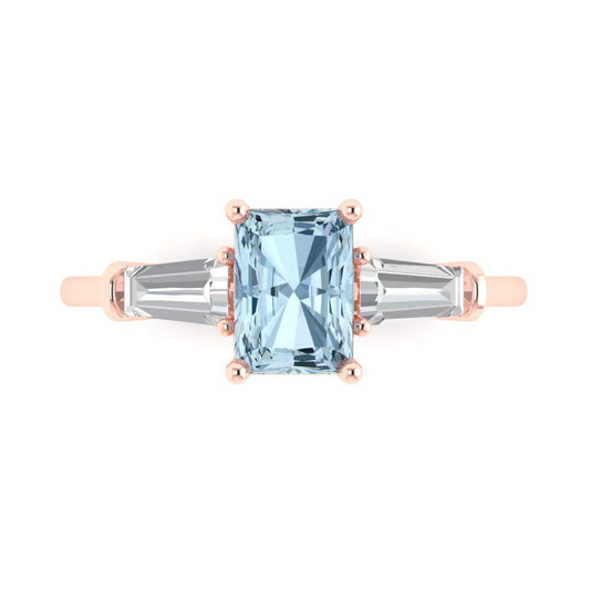 1.5 cttw Natural Aquamarine Three-Stone Engagement Ring - Solid Rose Gold (VVS1, Emerald Cut,7.0x5.0mm)