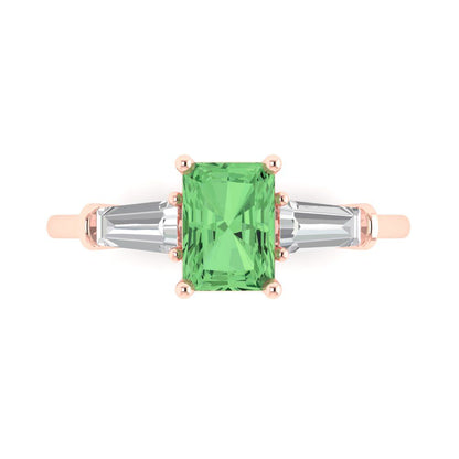 1.5 cttw Zirconia Simulated Green Diamond Three-Stone Engagement Ring - Solid Gold (VVS1, Emerald Cut,7.0x5.0mm)