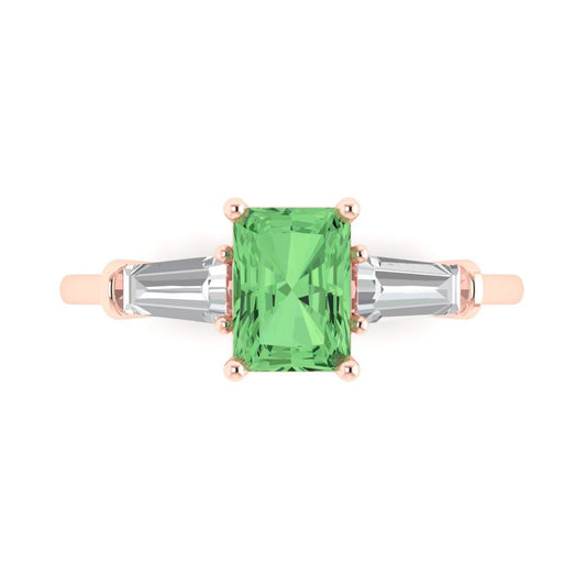 1.5 cttw Zirconia Simulated Green Diamond Three-Stone Engagement Ring - Solid Rose Gold (VVS1, Emerald Cut,7.0x5.0mm)