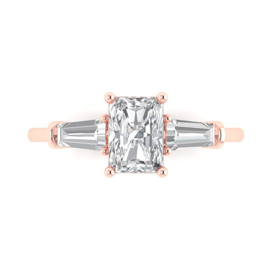 1.5 cttw Moissanite Three-Stone Engagement Ring - Solid Rose Gold (VVS1, Emerald Cut,7.0x5.0mm)
