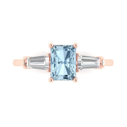1.5 cttw Natural Swiss Blue Topaz Three-Stone Engagement Ring - Solid Gold (Emerald Cut,7.0x5.0mm)