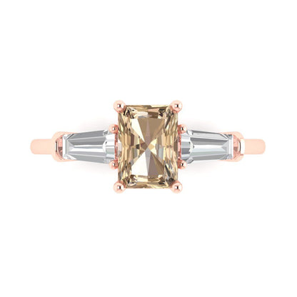 1.5 cttw Yellow Moissanite Three-Stone Engagement Ring - Solid Gold (Emerald Cut,7.0x5.0mm)