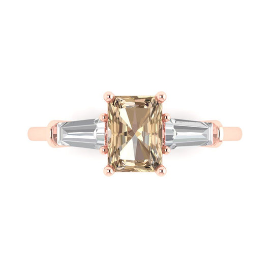 1.5 cttw Yellow Moissanite Three-Stone Engagement Ring - Solid Rose Gold (VVS1, Emerald Cut,7.0x5.0mm)