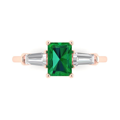 1.5 cttw Simulated Emerald Three-Stone Engagement Ring - Solid Gold (Emerald Cut,7.0x5.0mm)
