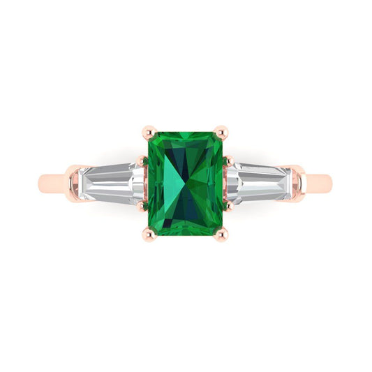 1.5 cttw Simulated Emerald Three-Stone Engagement Ring - Solid Rose Gold (VVS1, Emerald Cut,7.0x5.0mm)