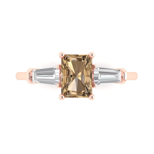 1.5 cttw Zirconia Simulated Champagne Diamond Three-Stone Engagement Ring - Solid Rose Gold (VVS1, Emerald Cut,7.0x5.0mm)