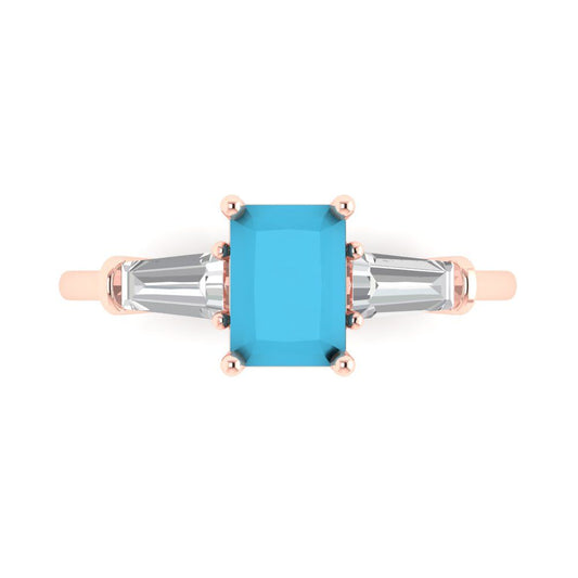 1.5 cttw Simulated Turquoise Three-Stone Engagement Ring - Solid Rose Gold (VVS1, Emerald Cut,7.0x5.0mm)