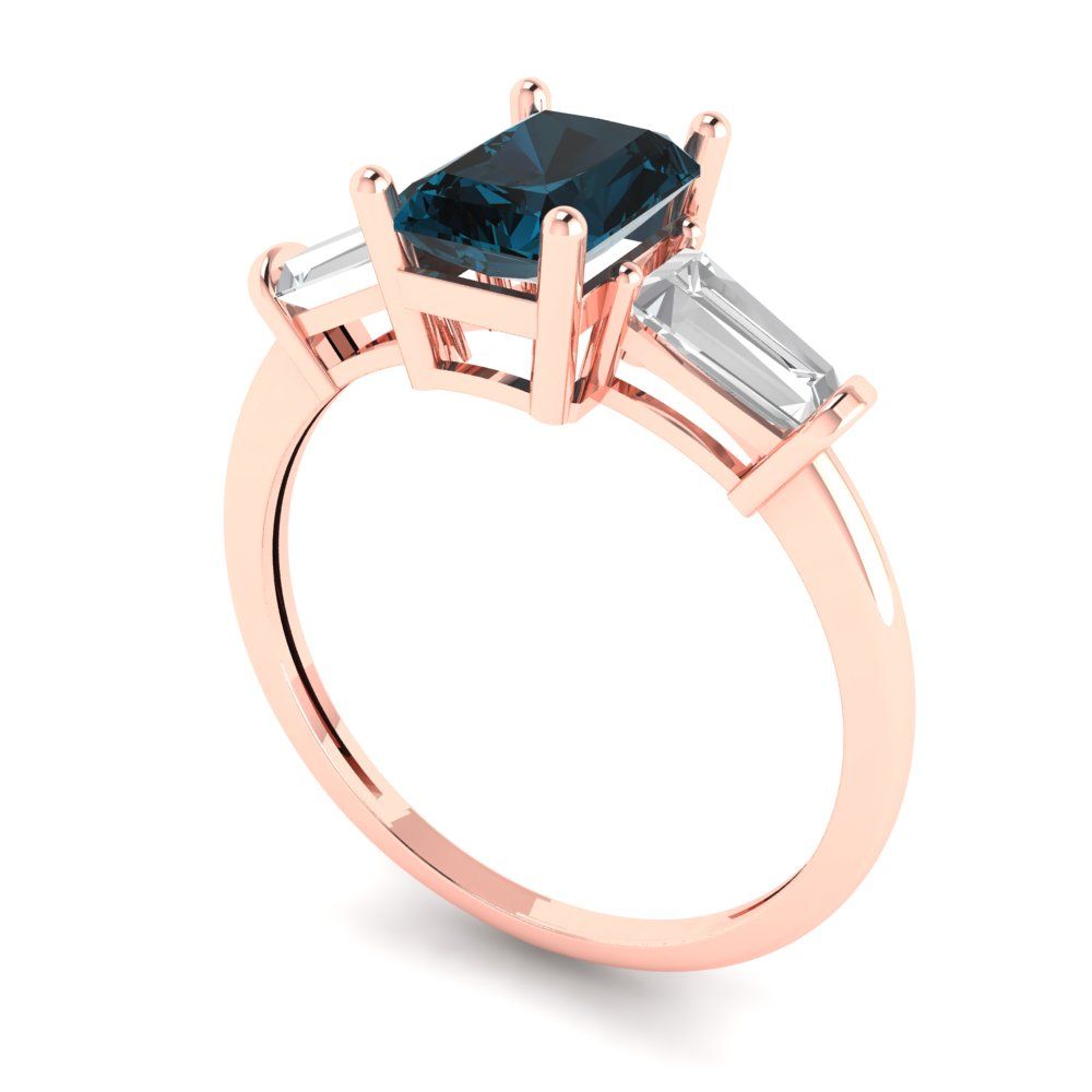 1.5 cttw Natural London Blue Topaz Three-Stone Engagement Ring - Solid Gold (Emerald Cut,7.0x5.0mm)