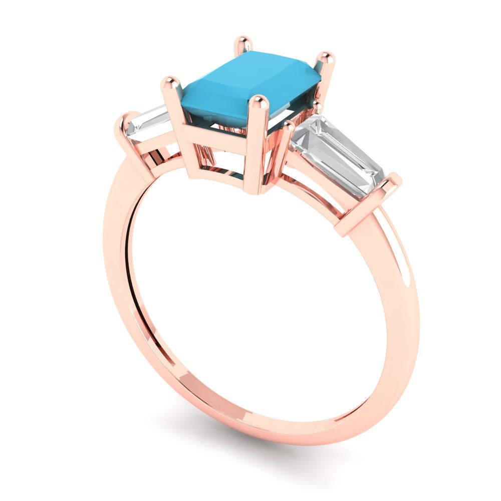 1.5 cttw Simulated Turquoise Three-Stone Engagement Ring - Solid Gold (Emerald Cut,7.0x5.0mm)