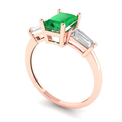 1.5 cttw Simulated Emerald Three-Stone Engagement Ring - Solid Gold (Emerald Cut,7.0x5.0mm)