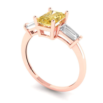 1.5 cttw Zirconia Simulated Yellow Diamond Three-Stone Engagement Ring - Solid Gold (VVS1, Emerald Cut,7.0x5.0mm)