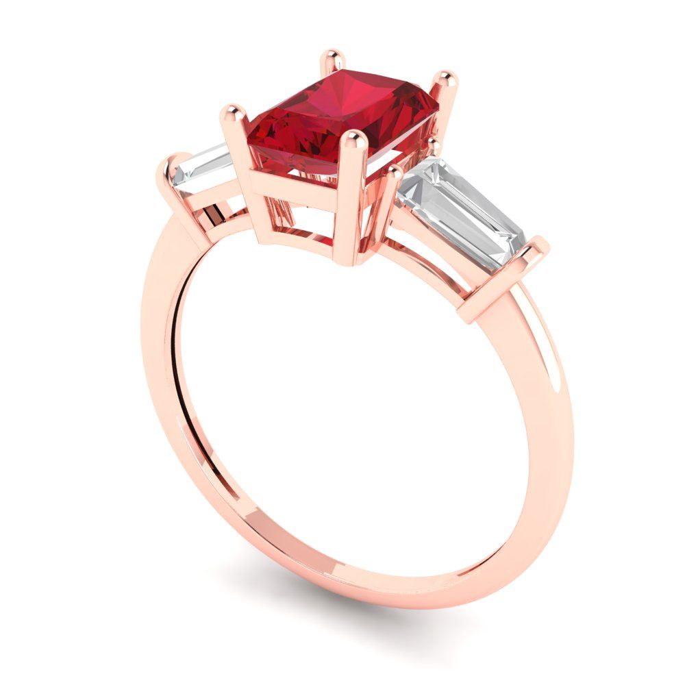 1.5 cttw Simulated Ruby Three-Stone Engagement Ring - Solid Rose Gold (VVS1, Emerald Cut,7.0x5.0mm)