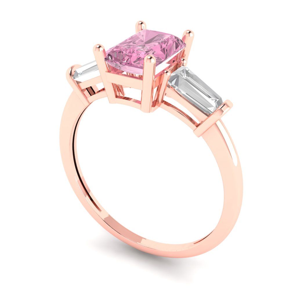 1.5 cttw Zirconia Simulated Pink Diamond Three-Stone Engagement Ring - Solid Gold (VVS1, Emerald Cut,7.0x5.0mm)