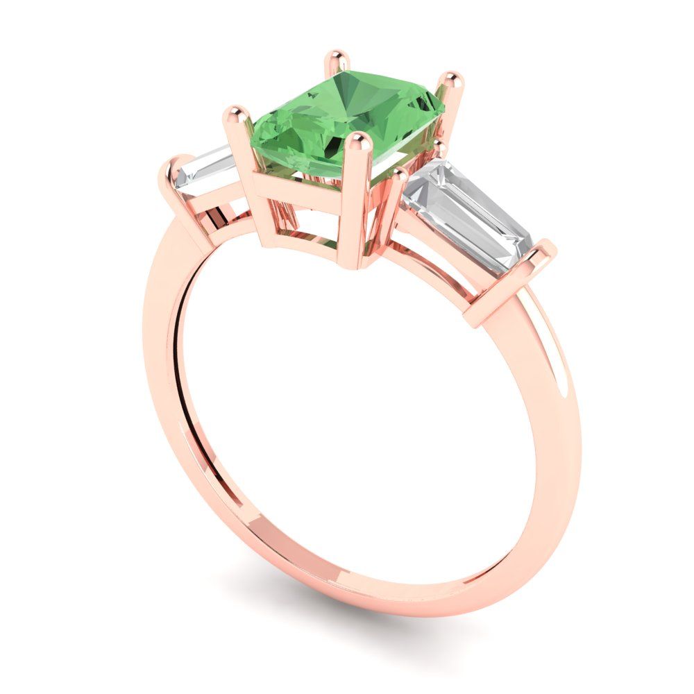 1.5 cttw Zirconia Simulated Green Diamond Three-Stone Engagement Ring - Solid Gold (VVS1, Emerald Cut,7.0x5.0mm)