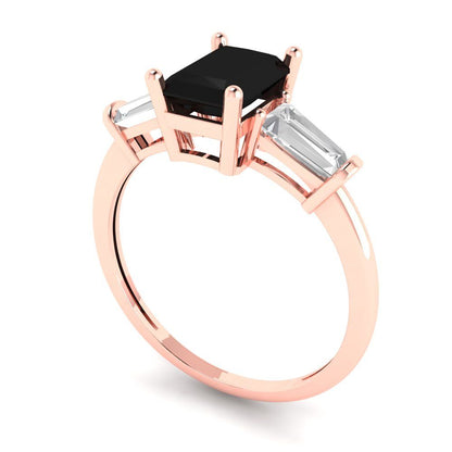 1.5 cttw Natural Onyx Three-Stone Engagement Ring - Solid Rose Gold (VVS1, Emerald Cut,7.0x5.0mm)