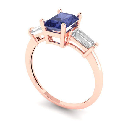 1.5 cttw Simulated Tanzanite Three-Stone Engagement Ring - Solid Gold (Emerald Cut,7.0x5.0mm)