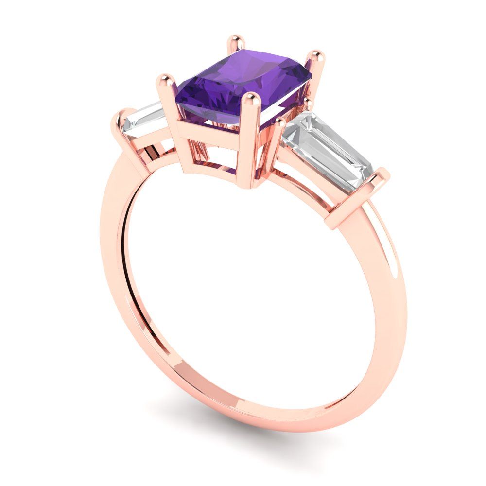 1.5 cttw Natural Amethyst Three-Stone Engagement Ring - Solid Gold (Emerald Cut,7.0x5.0mm)