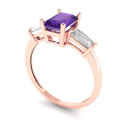 1.5 cttw Natural Amethyst Three-Stone Engagement Ring - Solid Gold (Emerald Cut,7.0x5.0mm)