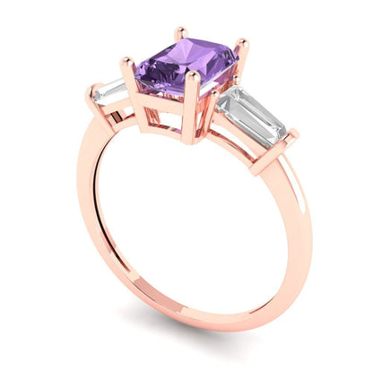 1.5 cttw Simulated Alexandrite Three-Stone Engagement Ring - Solid Gold (Emerald Cut,7.0x5.0mm)
