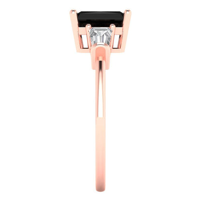 1.5 cttw Natural Onyx Three-Stone Engagement Ring - Solid Rose Gold (VVS1, Emerald Cut,7.0x5.0mm)