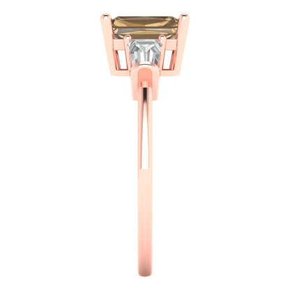 1.5 cttw Zirconia Simulated Champagne Diamond Three-Stone Engagement Ring - Solid Gold (VVS1, Emerald Cut,7.0x5.0mm)