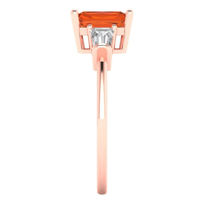 1.5 cttw Zirconia Simulated Red Diamond Three-Stone Engagement Ring - Solid Gold (VVS1, Emerald Cut,7.0x5.0mm)