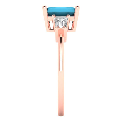 1.5 cttw Simulated Turquoise Three-Stone Engagement Ring - Solid Gold (Emerald Cut,7.0x5.0mm)