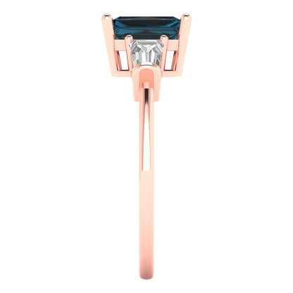 1.5 cttw Natural London Blue Topaz Three-Stone Engagement Ring - Solid Gold (Emerald Cut,7.0x5.0mm)