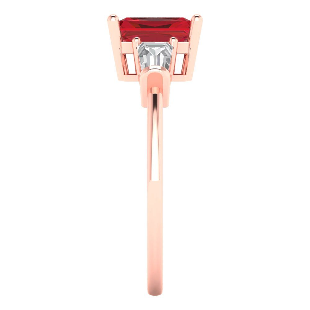 1.5 cttw Simulated Ruby Three-Stone Engagement Ring - Solid Rose Gold (VVS1, Emerald Cut,7.0x5.0mm)