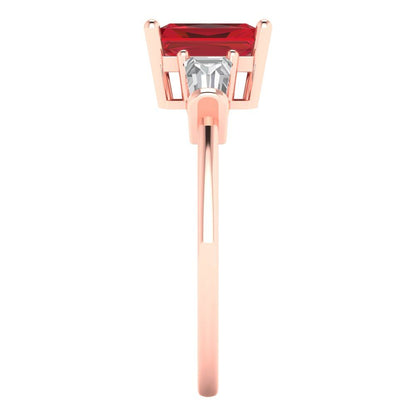 1.5 cttw Simulated Ruby Three-Stone Engagement Ring - Solid Rose Gold (VVS1, Emerald Cut,7.0x5.0mm)