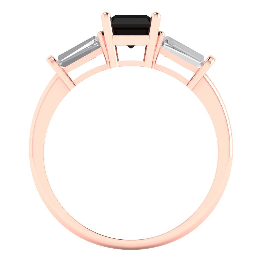 1.5 cttw Natural Onyx Three-Stone Engagement Ring - Solid Rose Gold (VVS1, Emerald Cut,7.0x5.0mm)