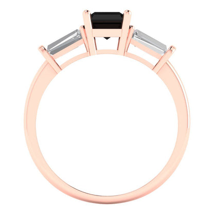 1.5 cttw Natural Onyx Three-Stone Engagement Ring - Solid Rose Gold (VVS1, Emerald Cut,7.0x5.0mm)