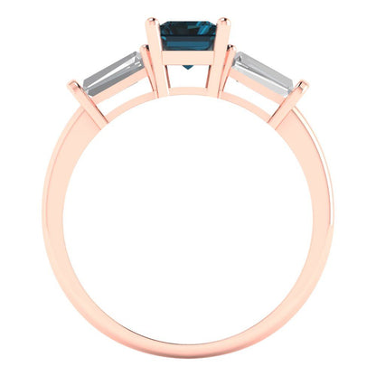 1.5 cttw Natural London Blue Topaz Three-Stone Engagement Ring - Solid Gold (Emerald Cut,7.0x5.0mm)