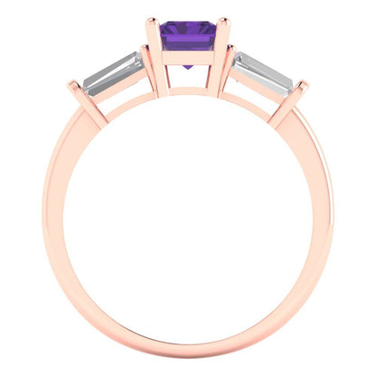 1.5 cttw Natural Amethyst Three-Stone Engagement Ring - Solid Gold (Emerald Cut,7.0x5.0mm)