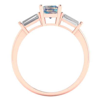 1.5 cttw Blue Moissanite Three-Stone Engagement Ring - Solid Gold (Emerald Cut,7.0x5.0mm)