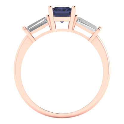 1.5 cttw Simulated Blue Sapphire Three-Stone Engagement Ring - Solid Gold (Emerald Cut,7.0x5.0mm)
