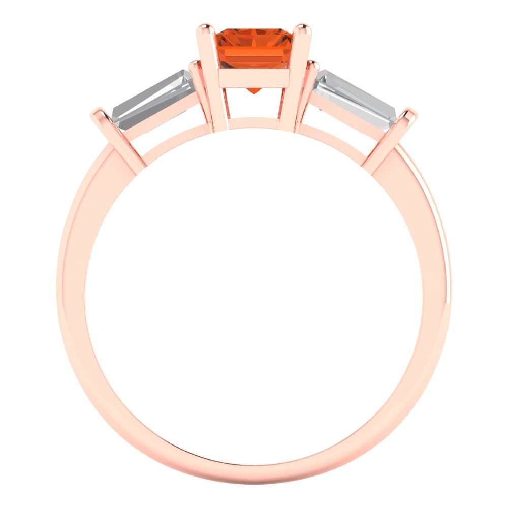 1.5 cttw Simulated Ruby Three-Stone Engagement Ring - Solid Rose Gold (VVS1, Emerald Cut,7.0x5.0mm)