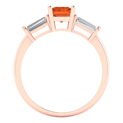 1.5 cttw Simulated Ruby Three-Stone Engagement Ring - Solid Rose Gold (VVS1, Emerald Cut,7.0x5.0mm)