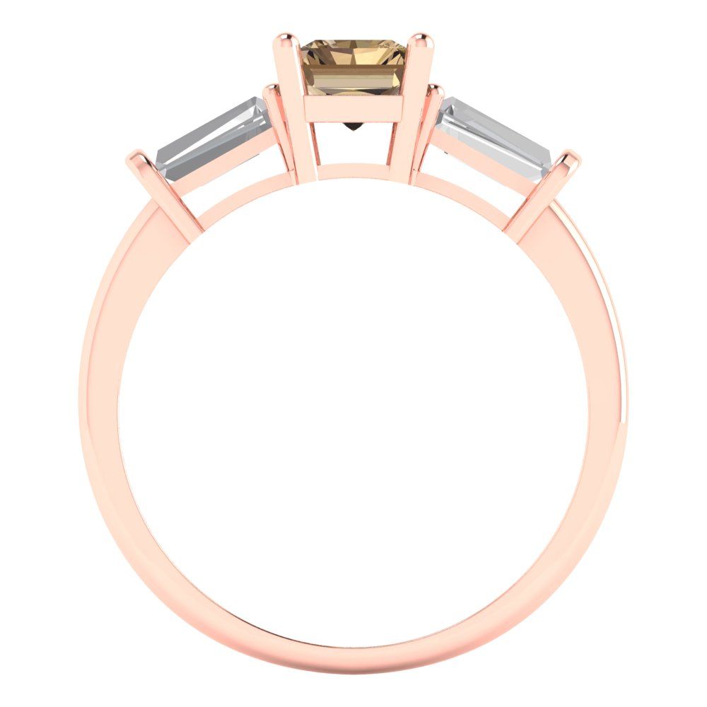 1.5 cttw Zirconia Simulated Champagne Diamond Three-Stone Engagement Ring - Solid Gold (VVS1, Emerald Cut,7.0x5.0mm)