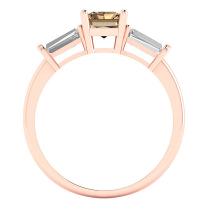 1.5 cttw Zirconia Simulated Champagne Diamond Three-Stone Engagement Ring - Solid Gold (VVS1, Emerald Cut,7.0x5.0mm)