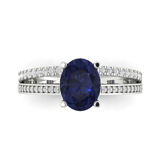 2.32 cttw Simulated Blue Sapphire Solitaire with Zirconia Simulated Diamond Accents Engagement Ring - Solid White Gold (VVS1, Oval Cut,9X7mm)