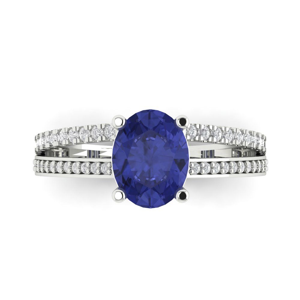 2.32 cttw Simulated Tanzanite Solitaire with Zirconia Simulated Diamond Accents Engagement Ring - Solid Gold (Oval Cut,9X7mm)