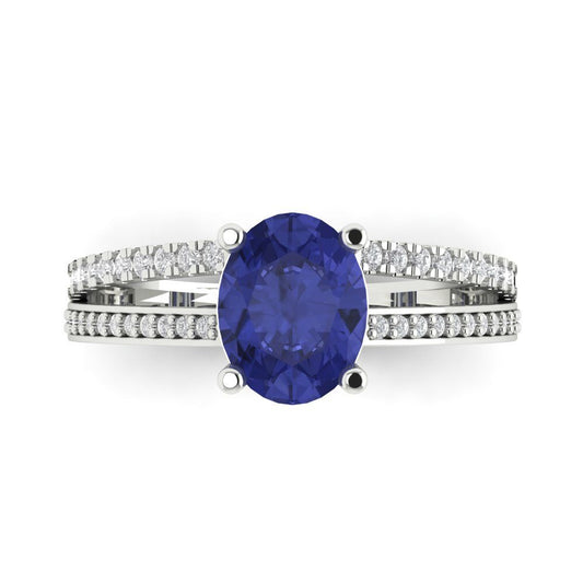 2.32 cttw Simulated Tanzanite Solitaire with Zirconia Simulated Diamond Accents Engagement Ring - Solid White Gold (VVS1, Oval Cut,9X7mm)