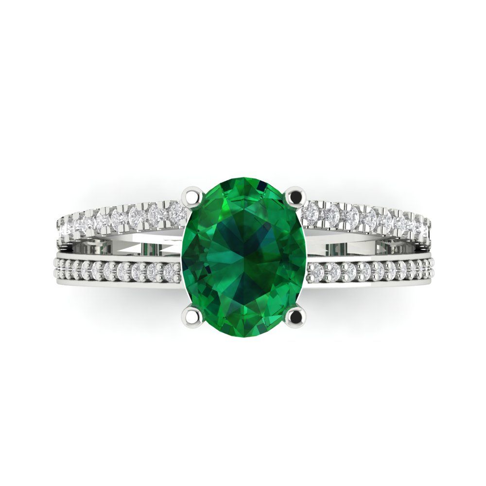 2.32 cttw Simulated Emerald Solitaire with Zirconia Simulated Diamond Accents Engagement Ring - Solid Gold (Oval Cut,9X7mm)
