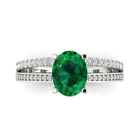 2.32 cttw Simulated Emerald Solitaire with Zirconia Simulated Diamond Accents Engagement Ring - Solid White Gold (VVS1, Oval Cut,9X7mm)