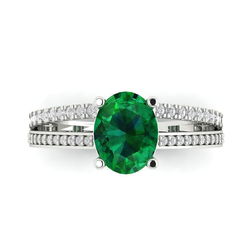 2.32 ct Brilliant Oval Cut Simulated Emerald Stone White Gold Solitaire with Accents Ring
