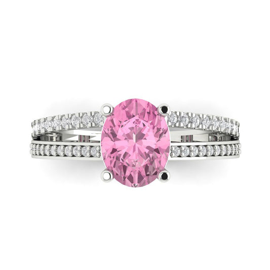 2.32 cttw Zirconia Simulated Pink Diamond Solitaire with Zirconia Simulated Diamond Accents Engagement Ring - Solid White Gold (VVS1, Oval Cut,9X7mm)