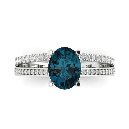 2.32 cttw Natural London Blue Topaz Solitaire with Zirconia Simulated Diamond Accents Engagement Ring - Solid White Gold (VVS1, Oval Cut,9X7mm)