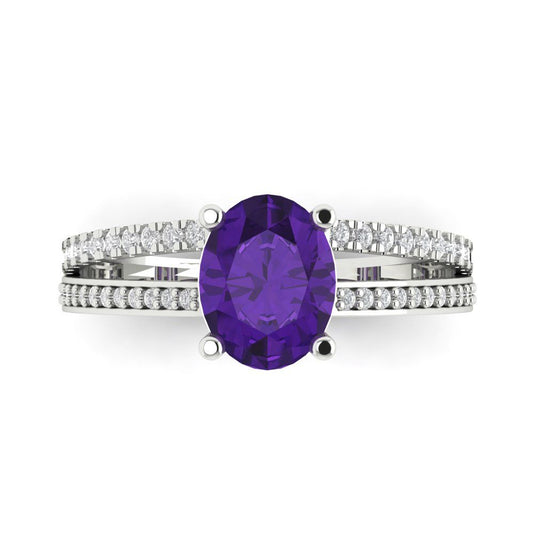 2.32 cttw Natural Amethyst Solitaire with Zirconia Simulated Diamond Accents Engagement Ring - Solid White Gold (VVS1, Oval Cut,9X7mm)