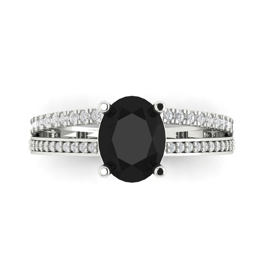 2.32 cttw Natural Onyx Solitaire with Zirconia Simulated Diamond Accents Engagement Ring - Solid White Gold (VVS1, Oval Cut,9X7mm)